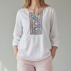 Talbots M White Tunic Colorful Geometric Embroidered Beaded Blouse Boardwalk